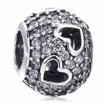 

New 925 Sterling Silver Bead Charm Openwork Tumbling Hearts With Cubic Zirconia Beads Fit Bracelet Bangle DIY Jewelry