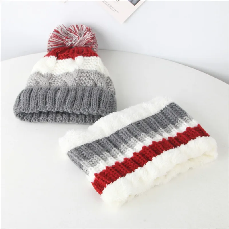 Новая зимняя шапка и шарф, зимняя детская шапка для детей, теплая шерстяная шапка в полоску, мужская и женская вязаная шапка, комплект из двух предметов