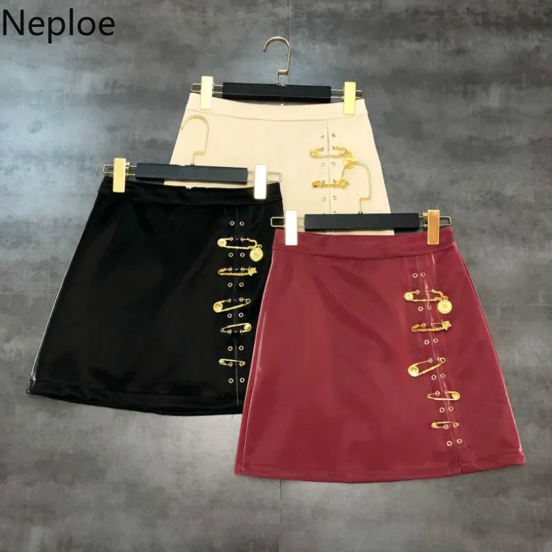 Neploe Autumn Winter New Metal Brooch Design A Line Skrit Solid High Waist Hip Jupe Femme Outwear Temperament Faldas 47598