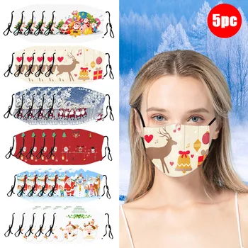 

5pc Christmas M-ask For Adult Comfortable Cotton Face-m-ask Washable Christmas Pattern Design Decoration For 2020 New Year