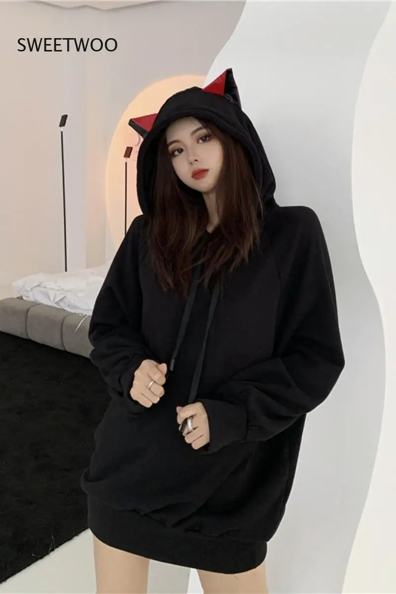 2021 Spring and Autumn Sweater Jacket Women's Hooded Cat Ears Cute Kawaii Plus Velvet Thick Loose Pullover Sweater Women