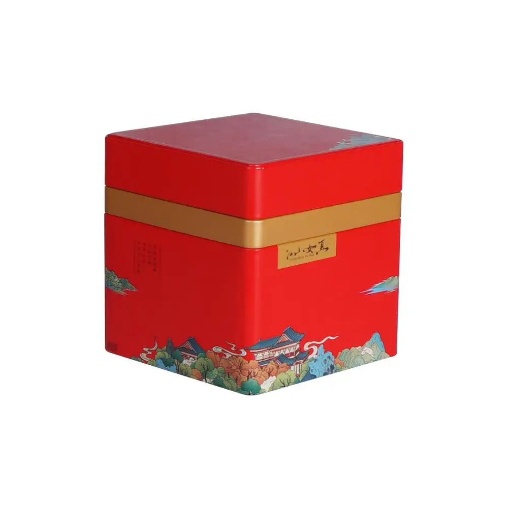Chinese Painting Tea Container Square Can Storage Box Printed Small Candy Package Iron Food Tin Wedding Gift |