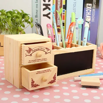 

With Blackboard Cute Kawaii Tidy Storage Box School Pen Holder Organizer Container Office Accessories Desktop Slot Wooden