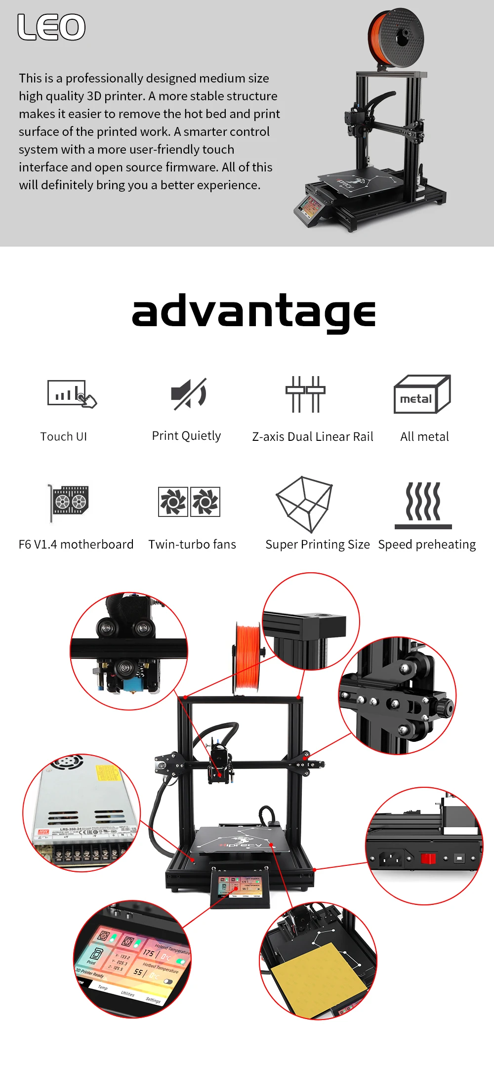 Hiprecy LEO 3d принтер, полностью металлический принтер, поддержка 1,75 мм, PLA I3, магнитный нагреватель, сделай сам, набор, Горячая кровать, двойная ось Z, TFT экран против ender 3