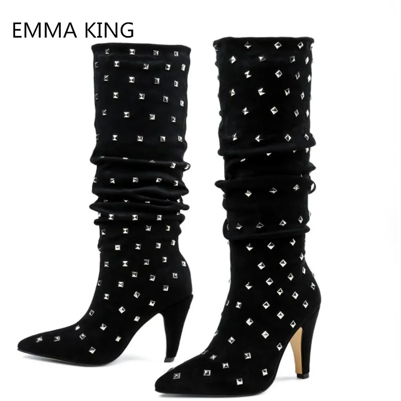 

Black Suede Rivets Studded High Heels Knight Boots Women Winter 2019 Pointed Toe Slip-On Pleated Fashion Stilettos Long Boots