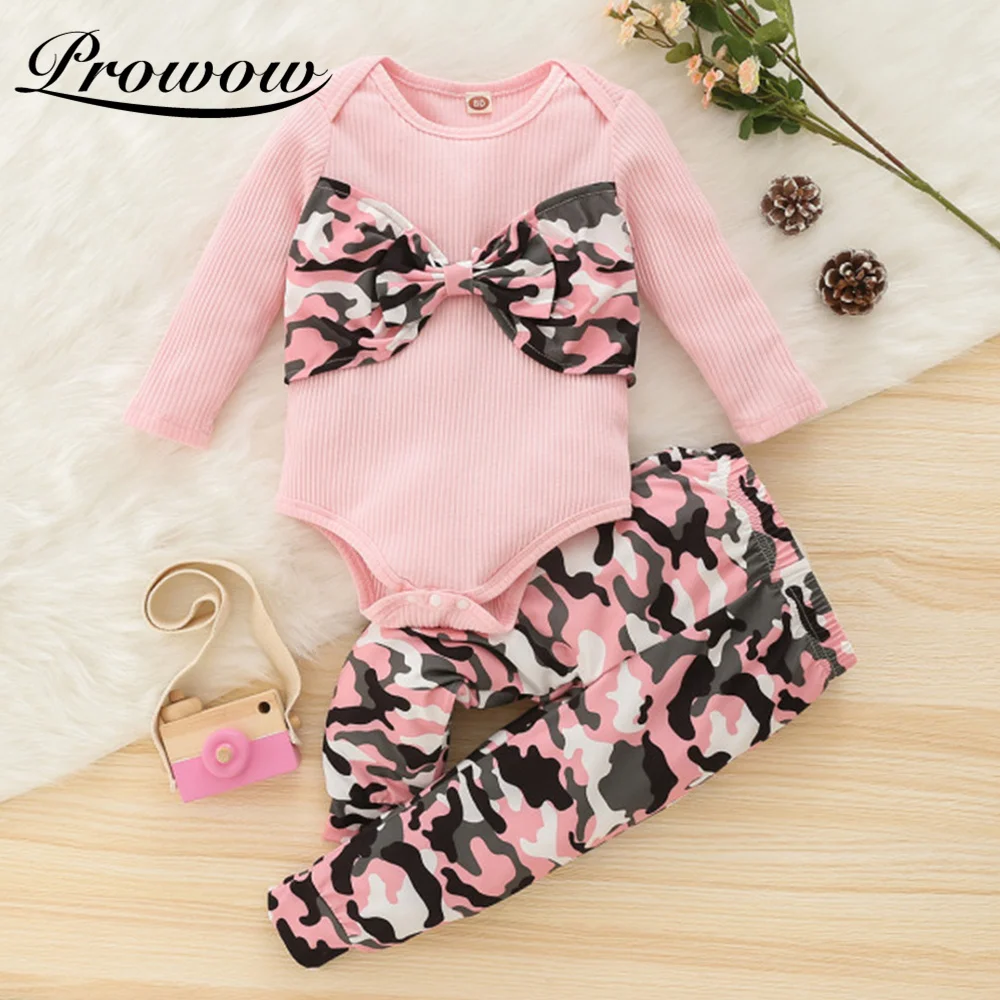 Prowow Camouflage Patchwork Newborns Girls Clothing Sweet Baby Bowtie Bobysuit + Floral Pant Autumn Winter Kids Toddler Costume | Мать и