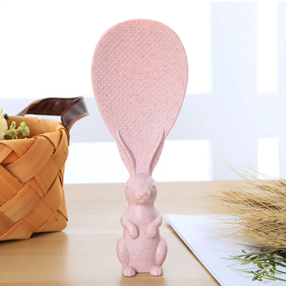 Pink Милый кролик Универсальный рисовый совок бытовой термостойкий легко чистится отдельно стоящая Пшеничная солома для детей и взрослых Толстая ручка антипригарная - Цвет: Pink