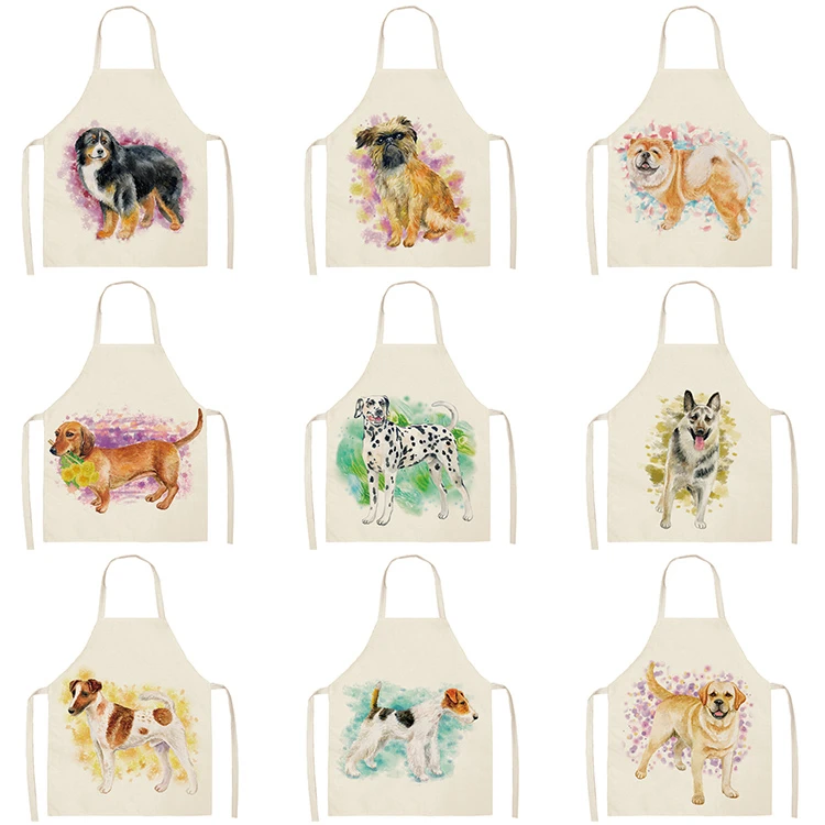 Dog Pug Kitchen Sleeveless Aprons For Women Cotton Linen Bibs Household Cleaning Pinafore Home Cooking Apron 53*65cm WQL0199