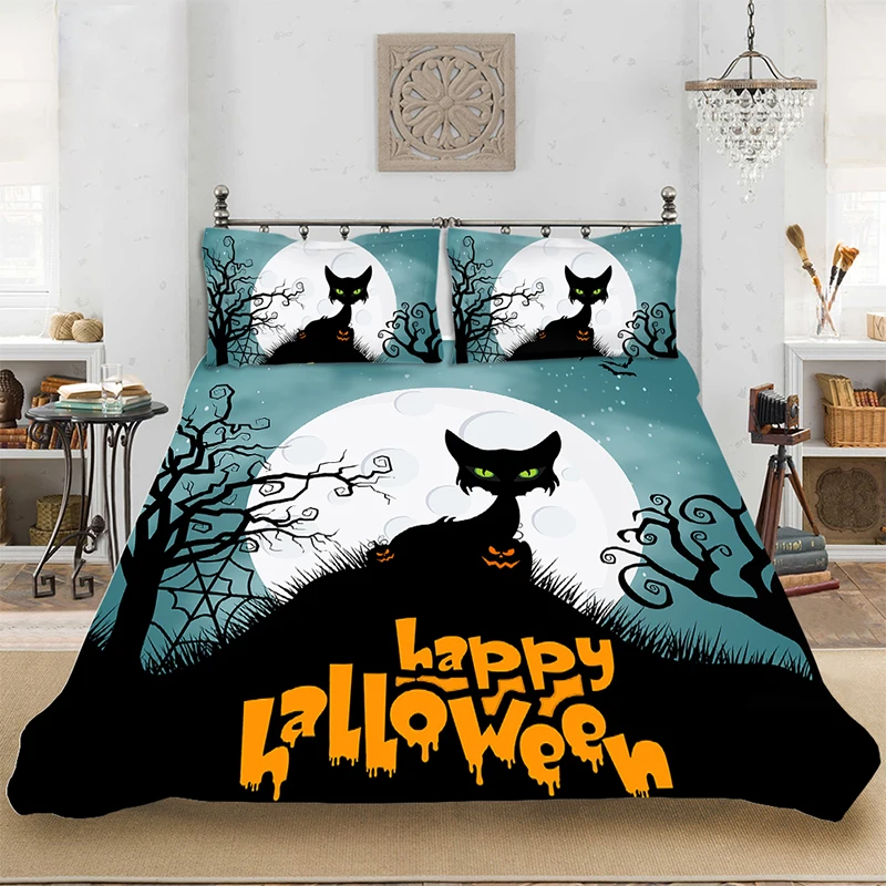 

Bedding set Bedclothes Include Duvet Cover Pillowcase Print Home Textile Bed Linens Halloween Black Cat Comforter King-Full Size