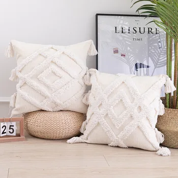 

Bohemia Diamond Handmade Geometric Embroidery Cushion Cover Tassels Home Decor Pillow Cover PillowCase Pillow Sham 45x45cm