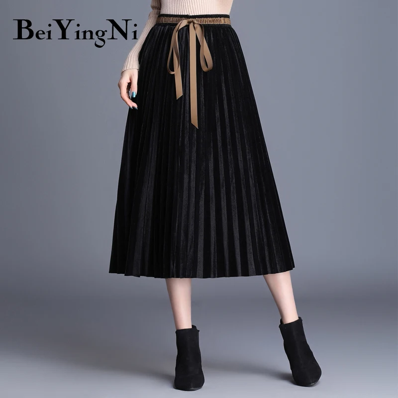 Beiyingni осенне-зимние женские плиссированные юбки винтажная Плиссированная Юбка-миди с поясом больших размеров Элегантные универсальные юбки для женщин s Fladas