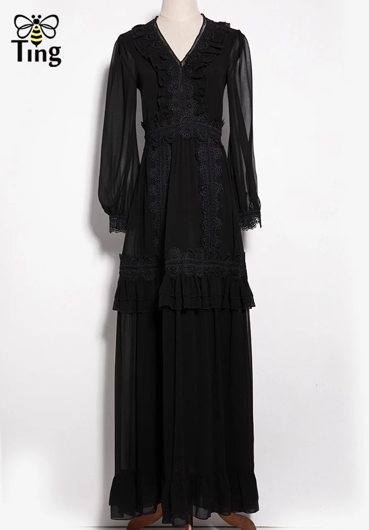Tingfly модные роскошные Ruched Ruffles вечерние платья макси винтажная кружевная вставка длинное платье Бохо праздничный стиль Vestidos 3 цвета