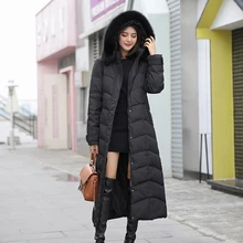 Новинка, модное женское пальто с меховым воротником и капюшоном, теплое пуховое пальто, удлиненная куртка, черный тонкий зимний пуховик, Женское пальто, WM97