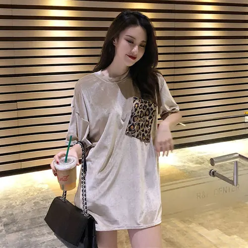 Женская одежда, blusas mujer de moda, футболки с коротким рукавом, с карманами, леопардовая расцветка, круглый ворот, Летний стиль, женские топы, moda feminina, Новинка - Цвет: Apricot