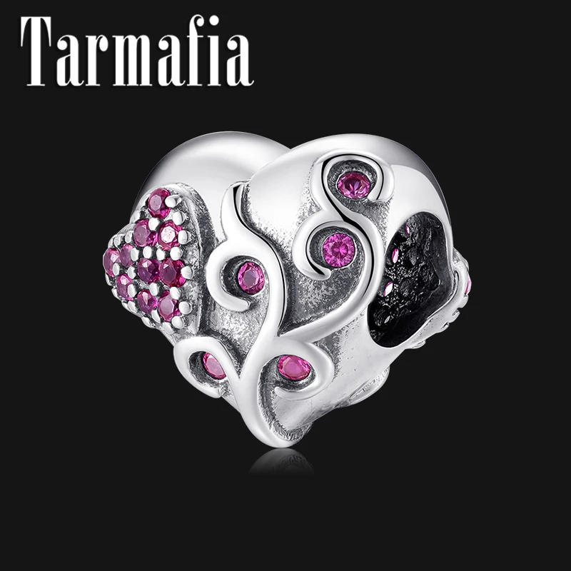 

100% Authentic 925 Sterling Silver Rose Red CZ Heart Beads Love Life Tree Charms Fit Original Pandora Bracelet DIY Jewelry