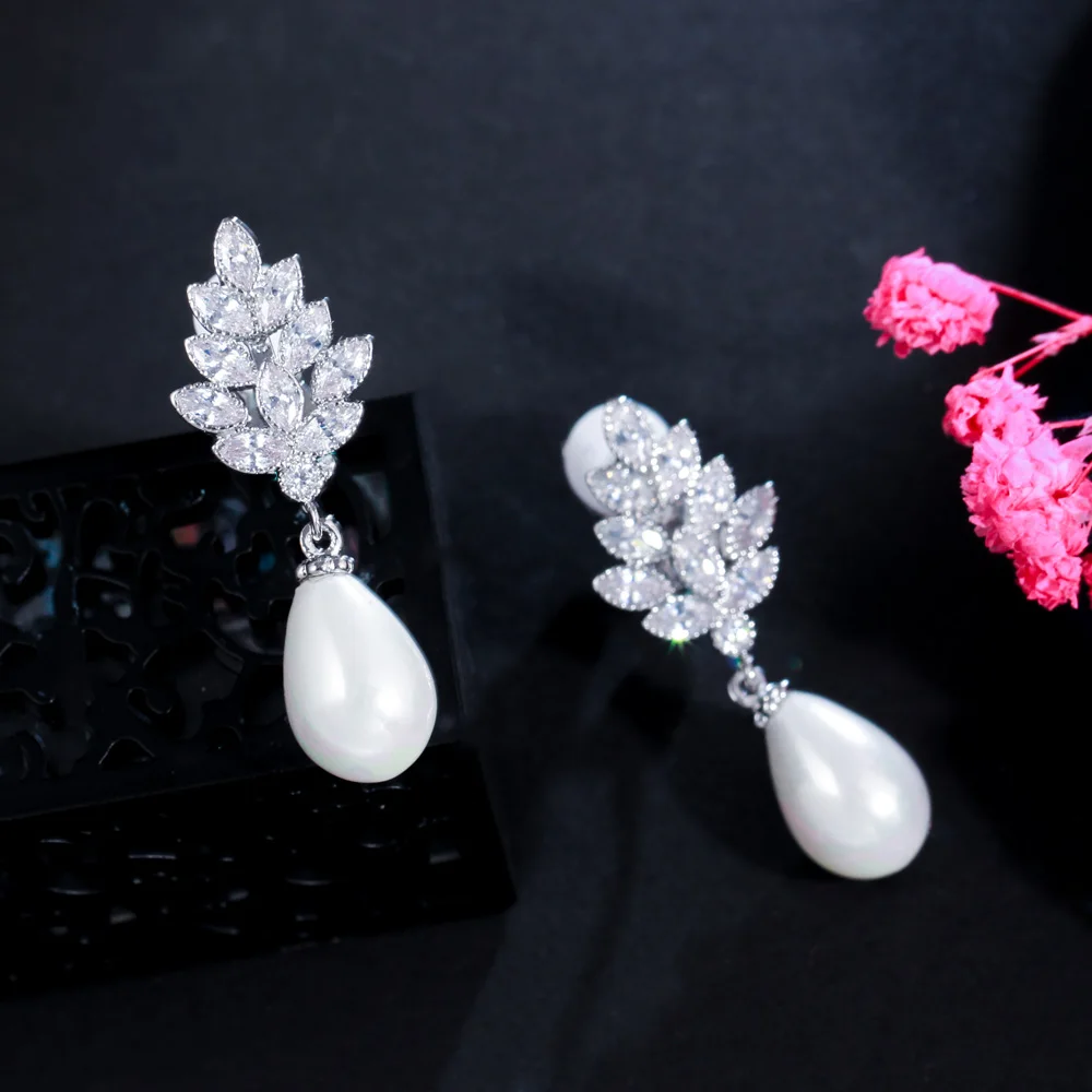Shiny Cubic Zirconia Pave Leaf Shape Dangling Pearl Non Pierced Ear Clips Earrings For Women ear clip earrings,clip earrings,ear clip,ear accessories
