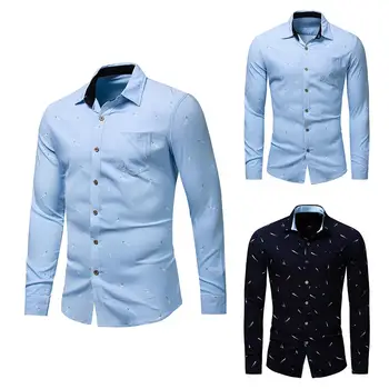

Plus Size Men Feather Print Turn Down Collar Long Sleeve Shirt Slim Buttons Top