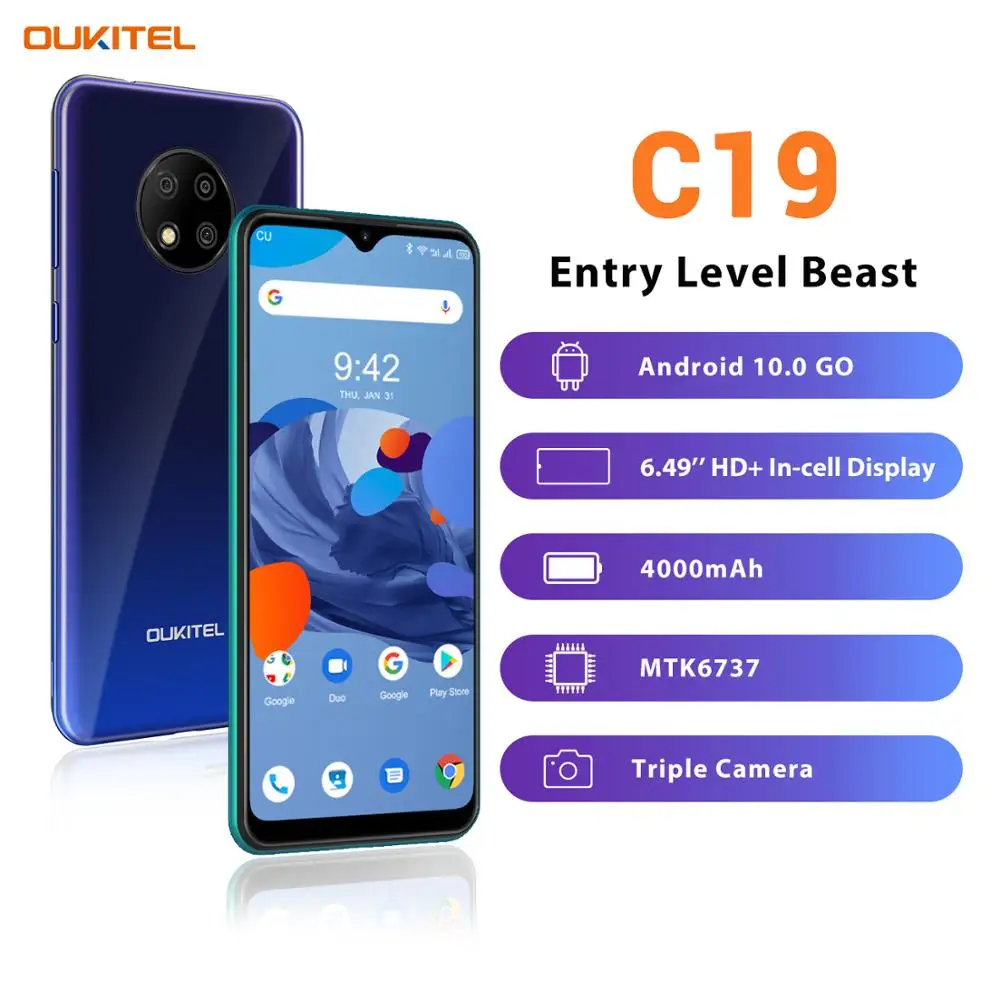 OUKITEL C19 6.49'' HD+ 2GB 16GB Smartphone MTK6737 Ouad Core Android 10.0 Mobile Phone 4000mAh TYPE-C