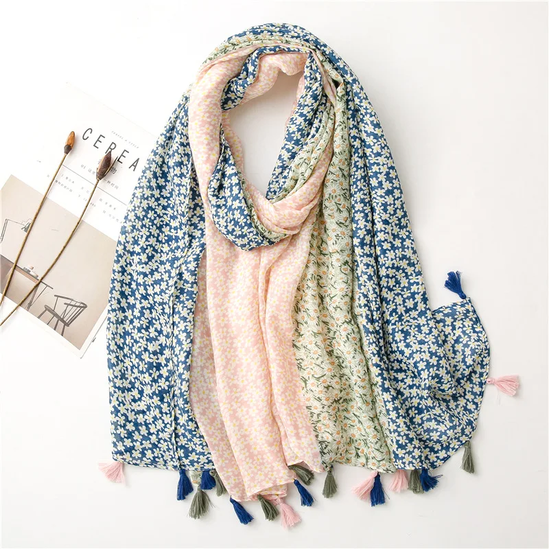 2021 Cotton Feeling Small Floral Scarf Shawl Tassel Muslim Hijab Wraps Soft Pashmina Bandana Foulard | Тематическая одежда и