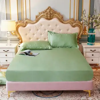 

Satin Silk Fitted Sheet On Elastic Band Solid Color Mattress Cover Bed Sheets Queen King Bed Sheet