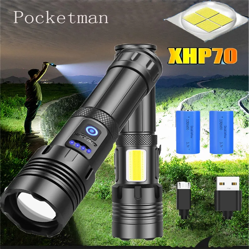 4000 люмен яркий XHP70 + COB светодиодный фонарик USB перезаряжаемая водонепроницаемая