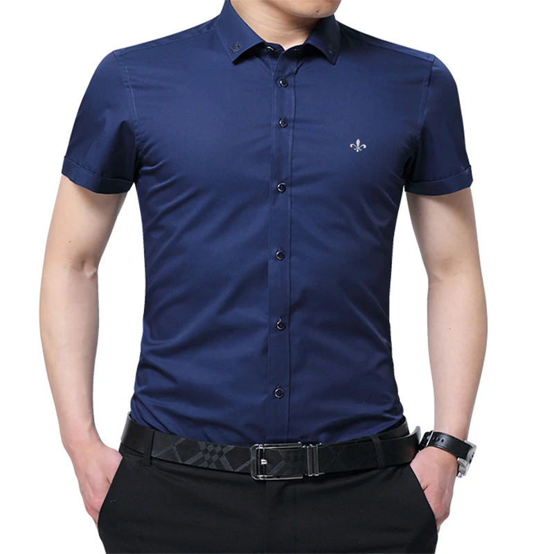 Вышивка мода Blusa Camisa Social Masculina Dudalina короткий рукав Slim Fit рубашка мужская одежда с цветочным принтом белый мужской - Цвет: DCZ2708-NAVY