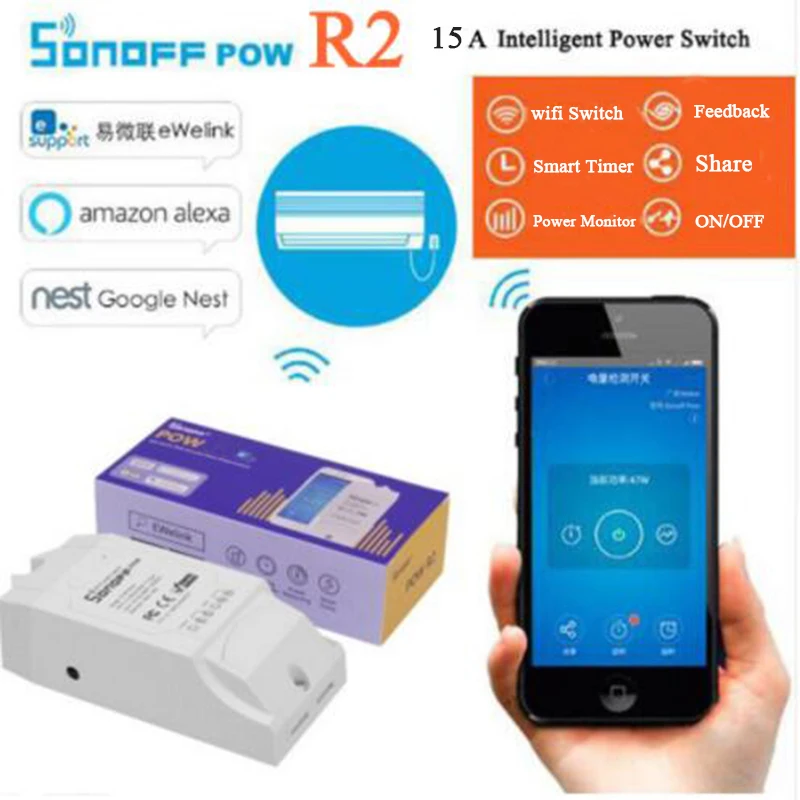 Sonoff Pow R2, беспроводной переключатель Wi-Fi, ВКЛ/ВЫКЛ 15а с переключателем измерения энергопотребления в режиме реального времени, бытовая техника IOS Android