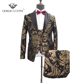

New men's wear golden jacquard eye-catching quality party trailblazer + trousers + vest suit men's leisure slim trailblazer jack