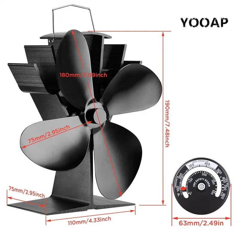 Fireplace fan Tools Set, Heat Powered 4 Blade Stove Fan and Fireplace Thermometer, Silent Operation, ECO Fan for Stove