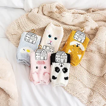 

5 Pairs Women Socks Girl Soft Bed Floor Embroidery Cartoon Sleeping Mid Socks skarpetki носки мужские