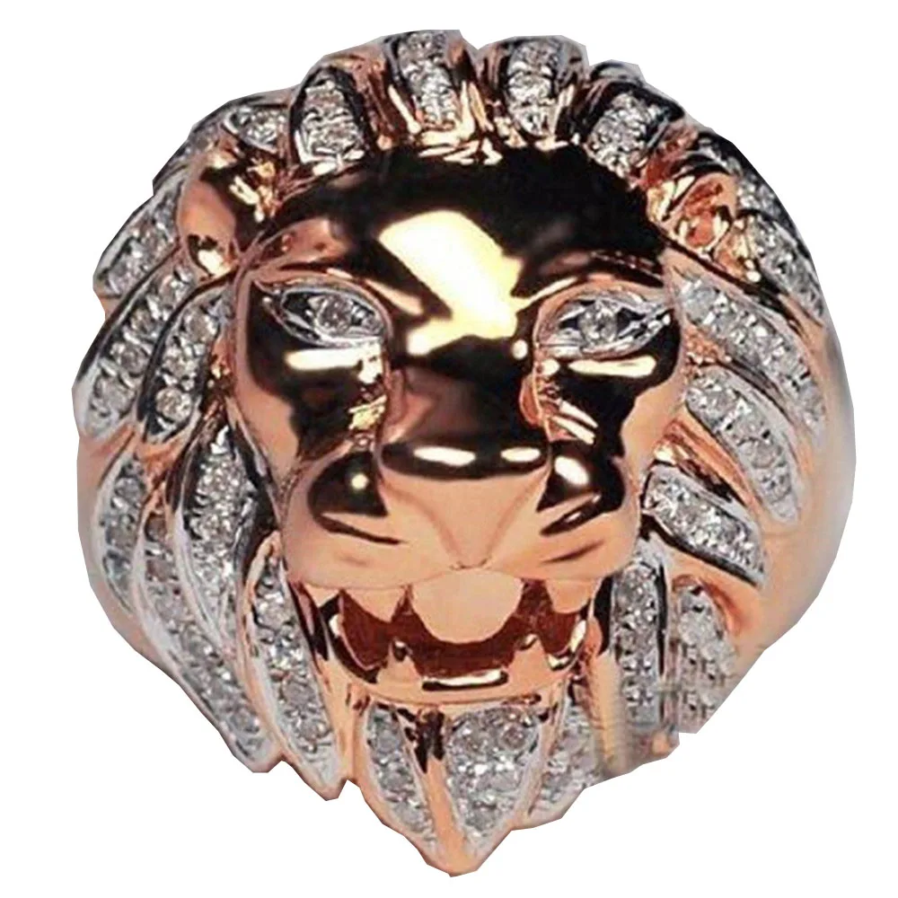 Стильные ювелирные изделия Романтические элегантные мужские кольца мужская мода панк стиль голова льва золотое заполненное розовое золото белое кольцо с камнем