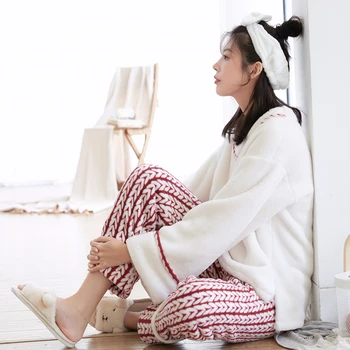 

2PCS Pajamas Suit Female Autumn Winte New Sleep Set Coral Fleece Home Wear Intimate Lingerie Casual Home Clothing Sleepwear