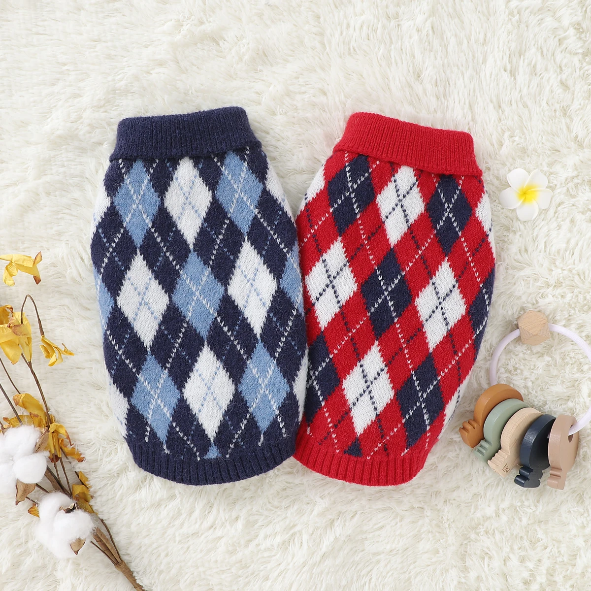 New Winter Diamond Jacquard Knitted Cat Dog Clothes Warm Sweater For