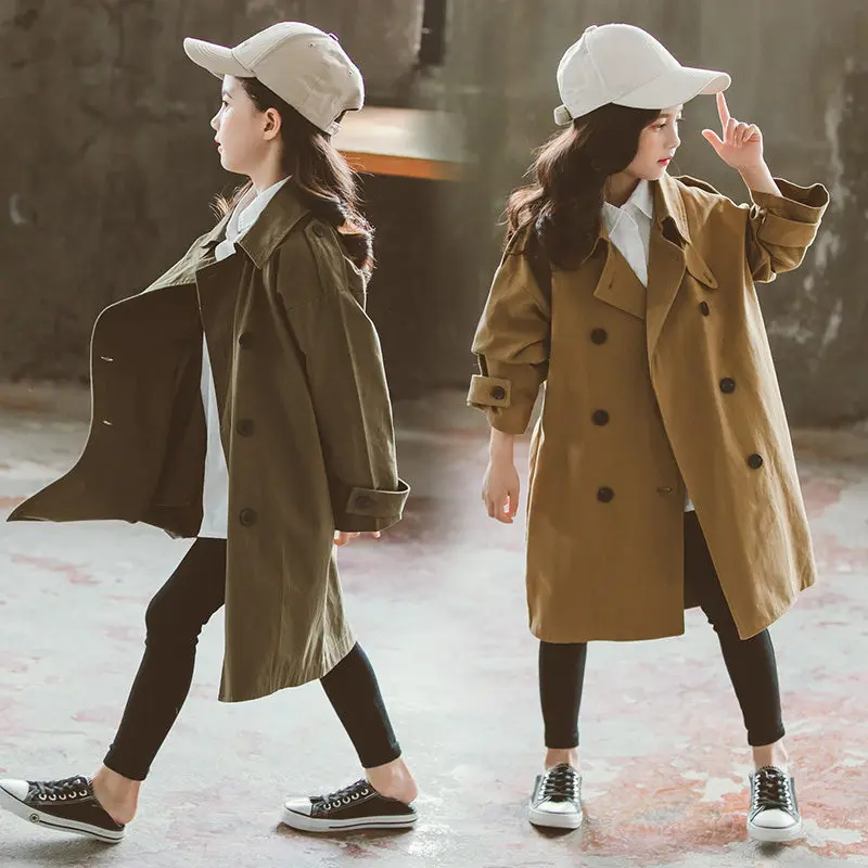 

Teens Girls Windbreaker Trench Coat New Fashion Long Style Girls Coats Casual Kids Double-Breasted Clothes Outfits 4 5 7 9 11 13