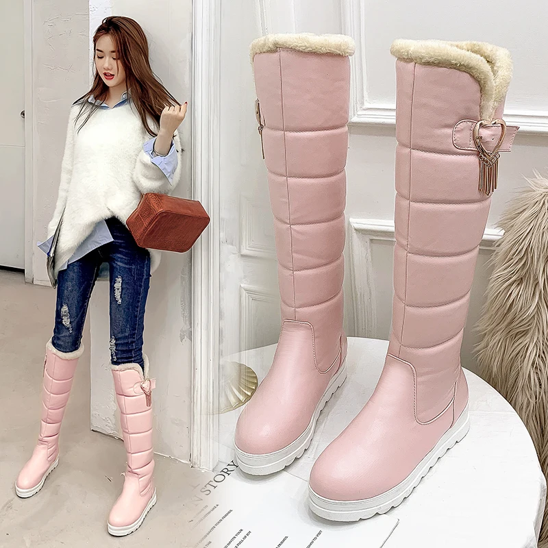 

Russia winter boots women warm knee high boots round toe down fur ladies fashion thigh snow boots shoes waterproof botas 32-43