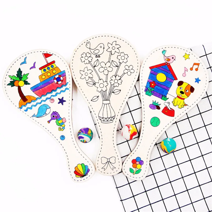 

6PCS/LOT Wooden Racket DIY Drawing Painting Craft Art Toys Children Cartoon Bouncy Ball Kindergarten Games Learning Doodle Board