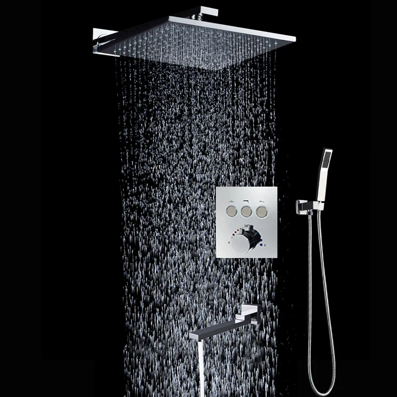 

Bathroom Shower Faucets Set Brass Chrome 10inch Rainfall ShowerHead Button Touch Thermostatic Mixer Valve With Tup Spout