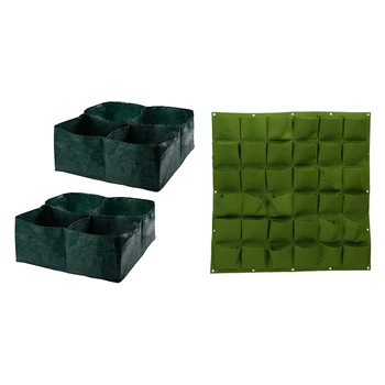 

36 Pocket Planting Bags (Green) with Garden Vegetable Planting Bag-4 Grid Square Garden Planting Bag 2 Packs