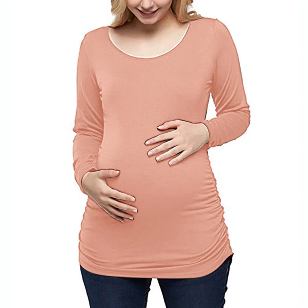 Женская одежда для беременных, рубашка с длинным рукавом и круглым вырезом, верхняя одежда, блузка, однотонный цвет, длинный рукав, для беременных