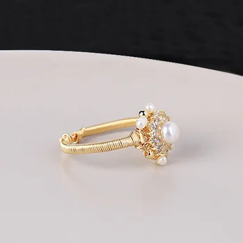

Adjustable Natural Freshwater Pearls Ring Copper Wire Wrap For Women Rings Gold-color Resizable Fashion Finger Ring Party Gift