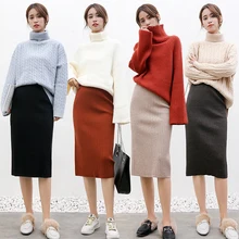 Новая Осенняя прямая трикотажная юбка для женщин эластичная высокая талия Зимняя юбка-пачка черная хаки облегающая трикотажная jupe femme