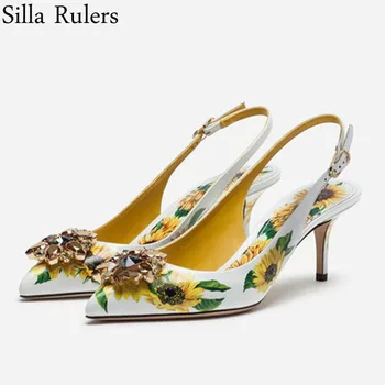 

2020 New Summer 3D printing Pointed Toe Pumps Woman High Heels Genuine Leather Mules Woman Slingbacks Party Shoes Woman