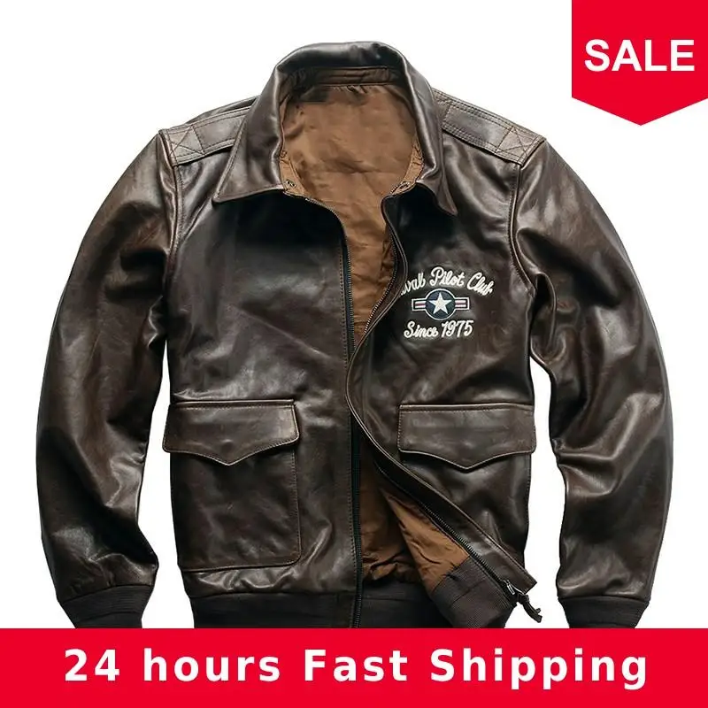 

2020 Brown Men Military USAF Pilot Leather Jacket Plus Size XXXL Genuine Cowhide Autumn Russian Aviator Leather Coat