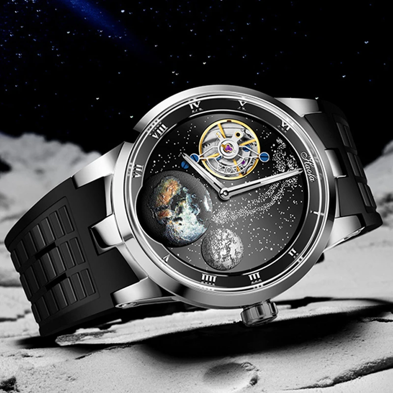 Watch For Men Luxury Casual Brand Haofa Carrousel Watch Cal.125.03k  Movement Sapphire Waterproof Galaxy Universe Dial Moon Earth - Mechanical  Wristwatches - AliExpress