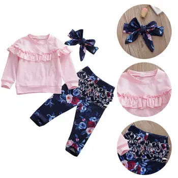 

AU Toddler Baby Girl Ruffles Long Sleeve Tops + Flower Pants Suit Cotton Clothes