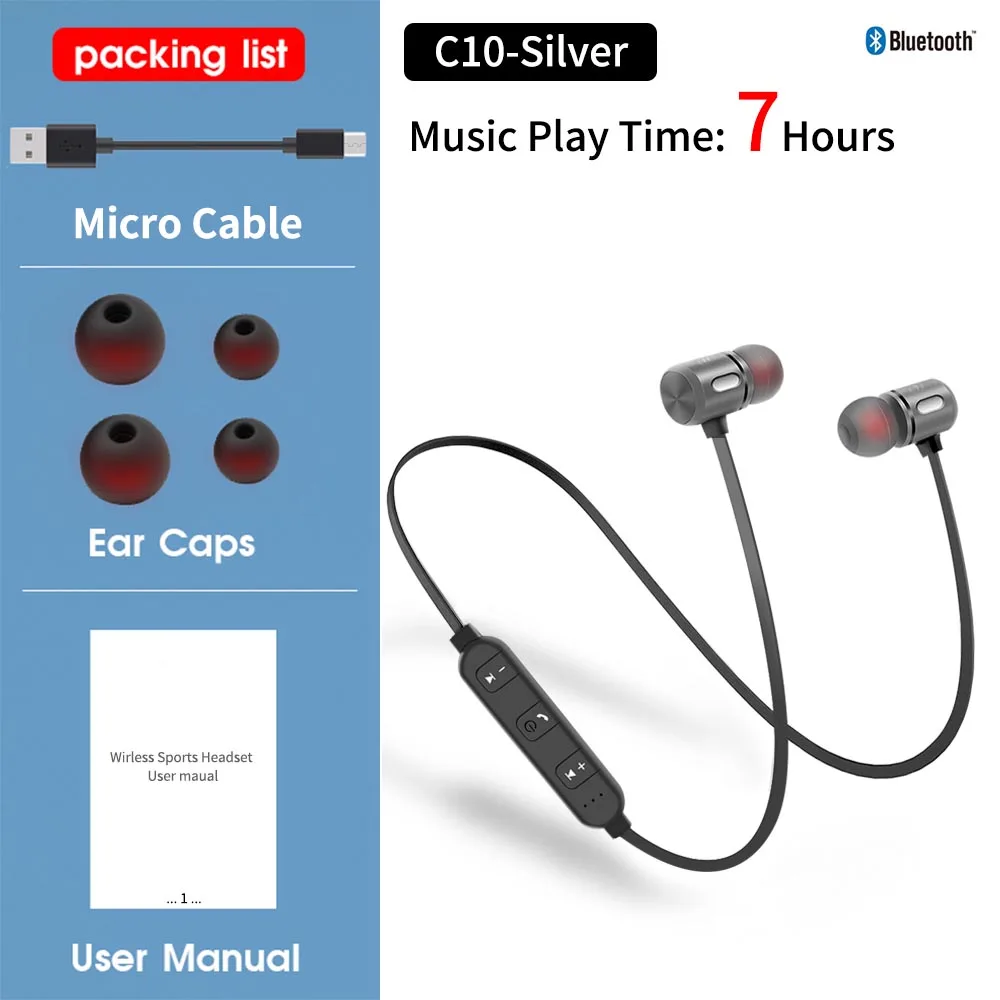 C10-Silver-7h FBYEG, C10 BC10 беспроводные Bluetooth наушники, стерео наушники, Спортивная Bluetooth гарнитура, наушники, магнитный наушник с микрофоном для телефона - Цвет: C10-Silver-7h