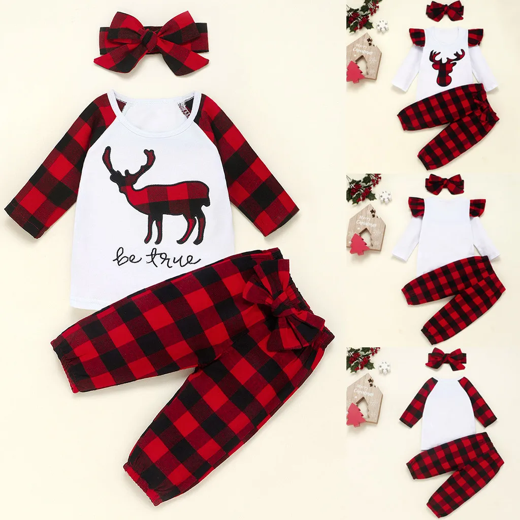 Рождественская одежда для маленьких девочек; одежда для маленьких девочек с длинными рукавами и принтом оленя; брюки в клетку; одежда для маленьких девочек; зимняя одежда для девочек