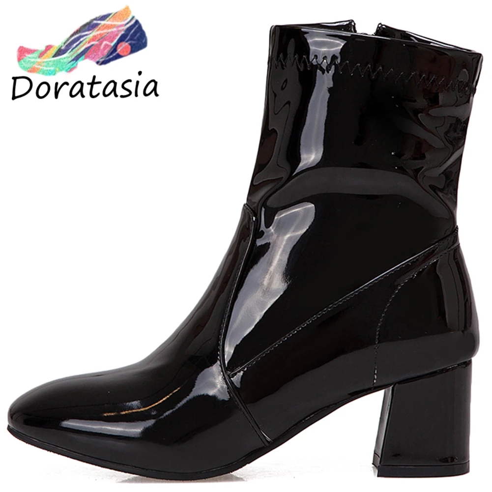 

DORATASIA Ins Girl Square Heel Chelsea Boots Patent Leather Mid Calf Boots Women 2020 Casual Office Woman Shoes
