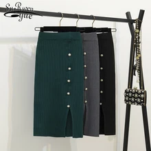 Модная женская юбка осень зима посылка бедра Сплит юбка-карандаш до колена вязаная элегантная юбка с высокой талией 7592 50