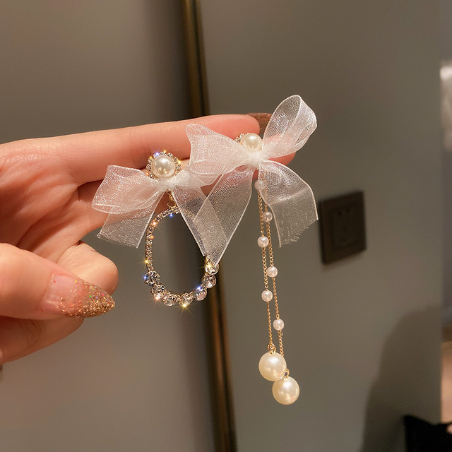 Rhinestone Bow Tassel Earrings Exquisite Long Hanging Crystal Pendant Light Luxury Drop Dangle Earrings Women Girl
